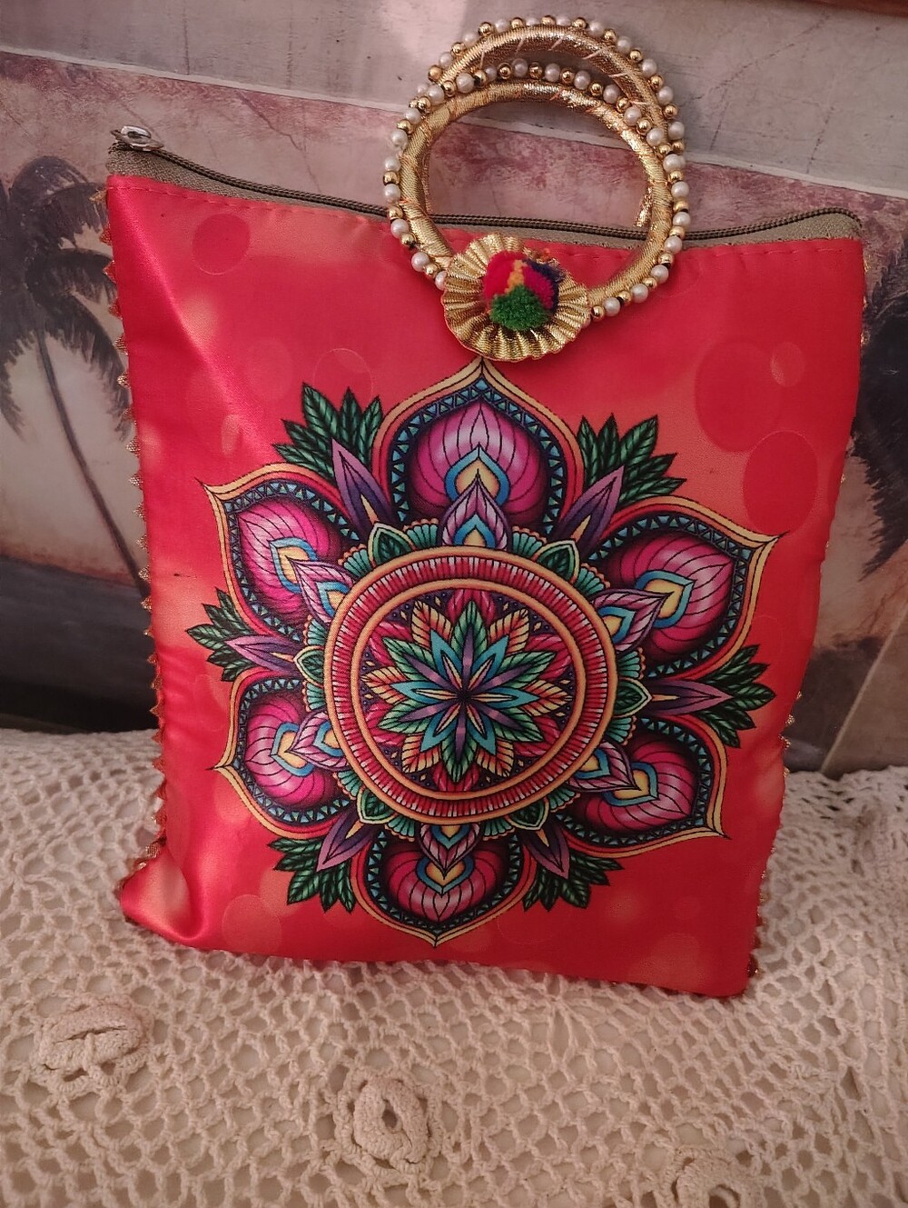 Silk Mandala Pouch Clutch Purse Pearl Ring Top Handle Ethnic Boho Bag Coral Red